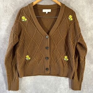 Ally Mae Cardigan Women Medium Brown Floral Embroidered Cable Knit Button Front